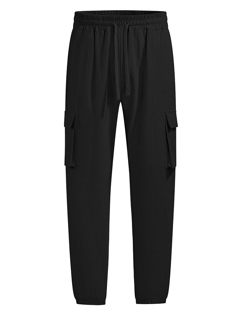 Men's Cargo Pants Linen Pants Trousers Summer Pants Beach Pants Drawstring Elastic Waist Multi Pocket Plain Comfort Breathable Daily Outdoor Beach Vacation Fashion Black White Inelastic