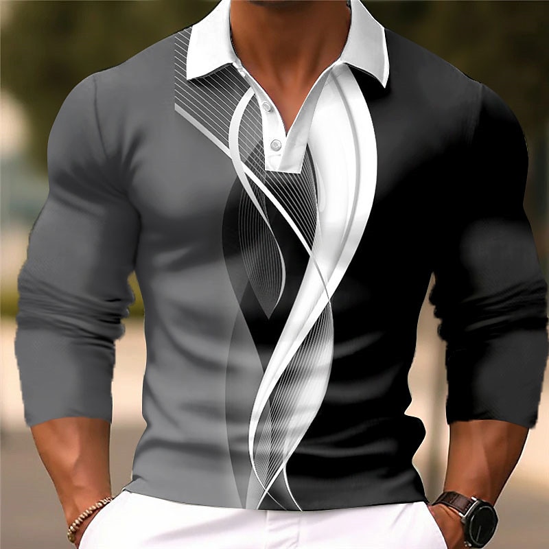 Geometry Linear Business Men's Golf Polo Long Sleeve Outdoor Casual Daily Streetwear Fall & Winter 3D Print Turndown White Blue Brown Micro-elastic Polyester