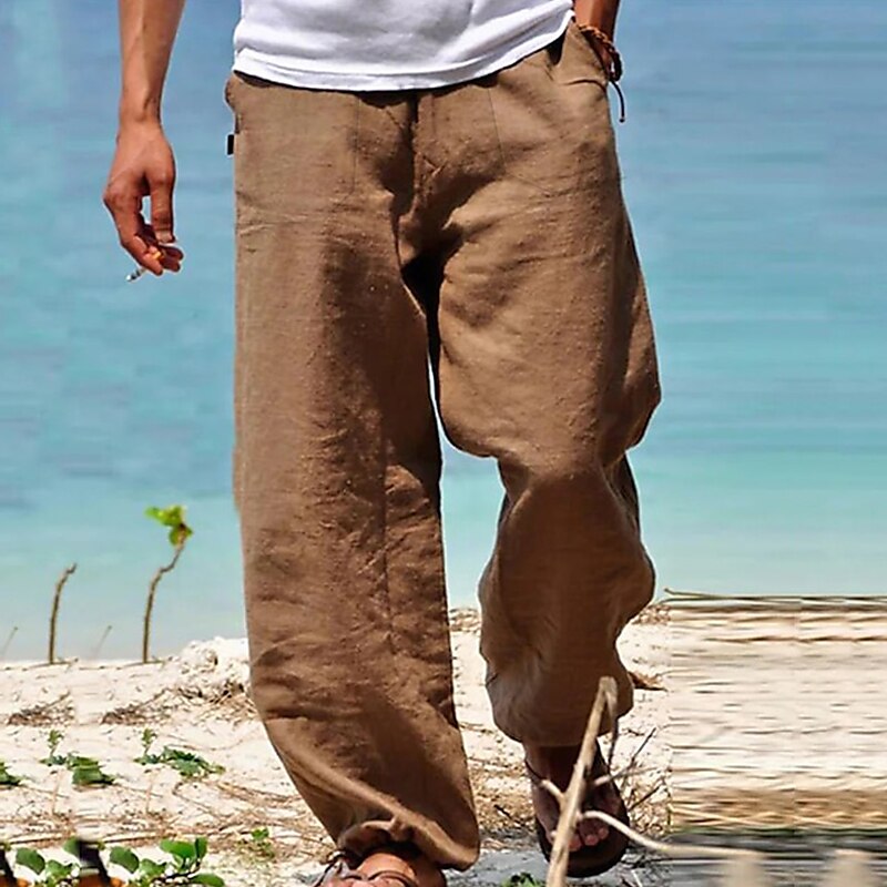 Men's Summer Beach Elastic Waist Wide Leg Straight Leg Plain Breathable Soft Casual Daily Beach Linen / Cotton Blend Fashion Streetwear Loose Fit Linen Pants