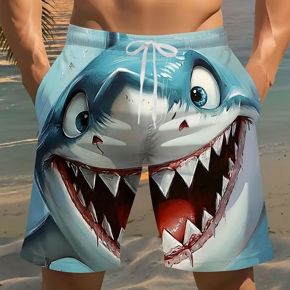 Men's Animal Cartoon Shark Swim Trunks Swim Shorts Board Shorts Mid Waist Funny Beach Vacation Wear Side Pockets Mesh Lining Elastic Drawstring Waist Designer Clothing Apparel