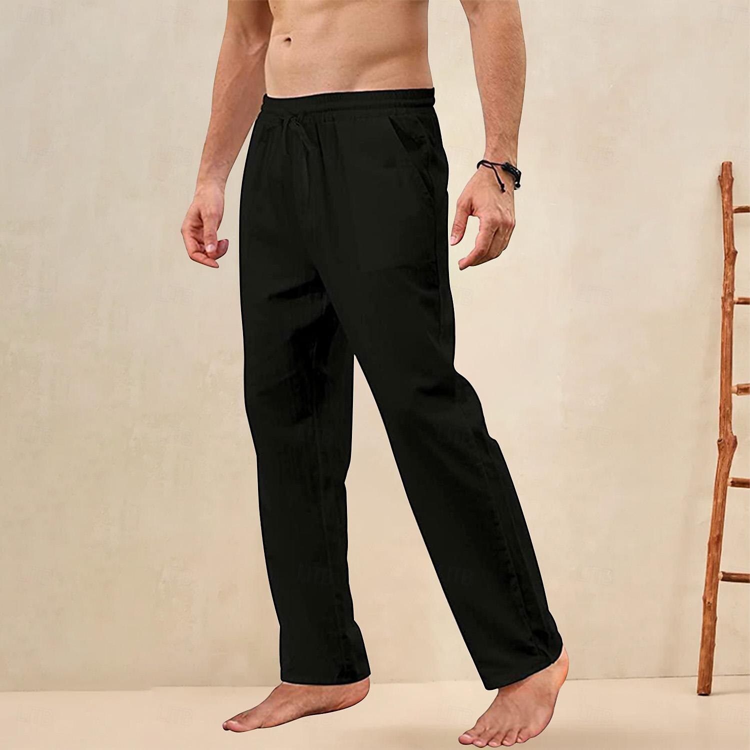 Men's Trousers Summer Pants Beach Pants Pocket Drawstring Straight Leg Plain Breathable Soft Full Length Home Casual Cotton Fashion Classic Loose Fit Black White Micro-elastic