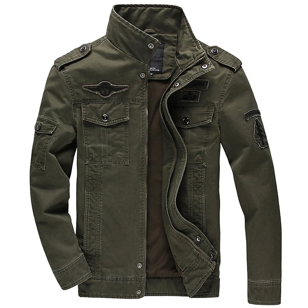 Men's Bomber Jacket Varsity Jacket Tactical Jacket Casual Wearable Multi Pocket Spring Fall Winter Military Military Style Stand Collar Regular Cotton Black Khaki Army Green Jacket