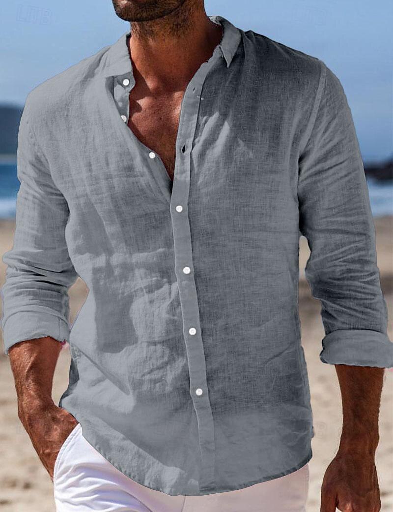 Men's Shirt Linen Shirt Summer Shirt Beach Wear Button Up Shirt Plain Casual Daily Black White Pink Navy Blue Long Sleeve Turndown Spring & Summer Clothing Apparel