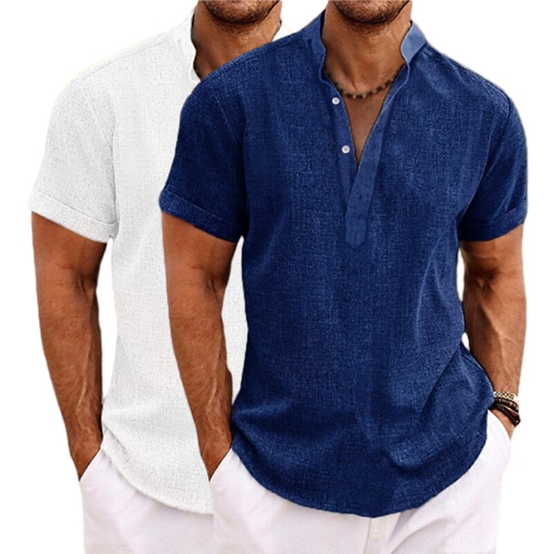2-Pack Men's Shirt Linen Shirt Popover Shirt Summer Shirt Beach Wear Band Collar Shirt Plain Vacation Casual Green+Gray White+Yellow White+Green White+Navy Blue Short Sleeve Henley Summer Clothing Apparel
