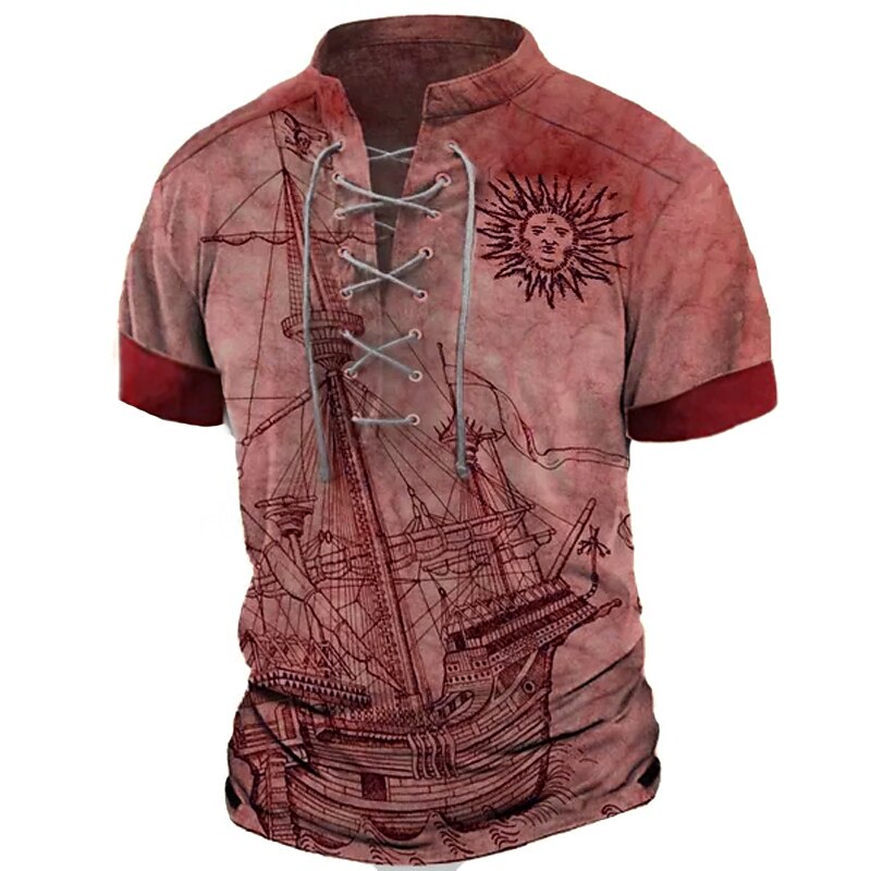Mens Summer Cotton | Sailboat And Sun Graphic World Map Stand Collar Clothing Apparel 3D Print Daily Sports Short Sleeve Fashion Designer T-Shirt