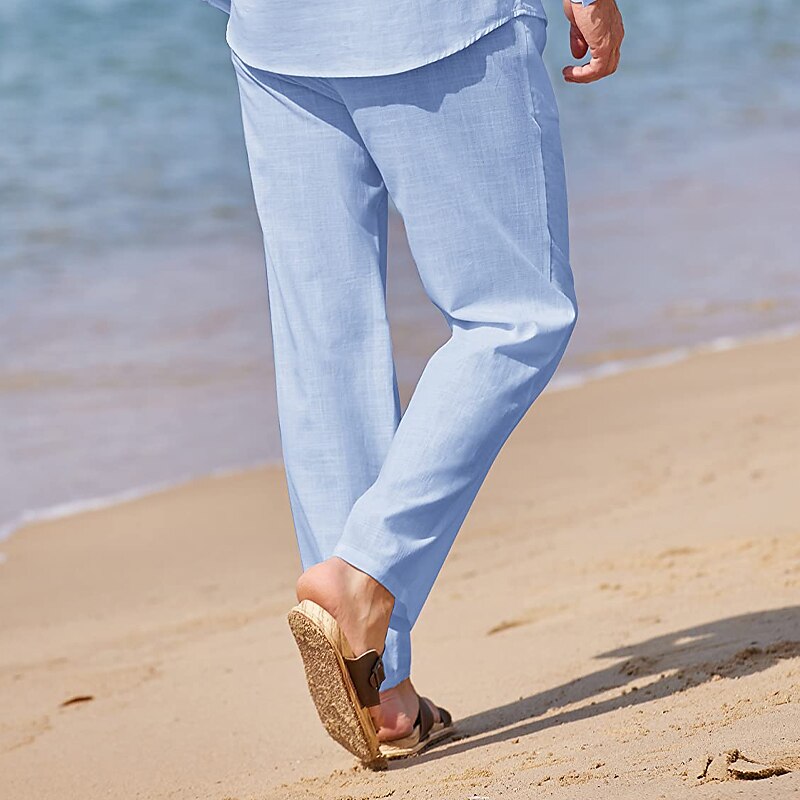 Men's Summer Beach Drawstring Elastic Waist Plain Comfort Breathable Outdoor Daily Going out Blend Fashion Streetwear Linen Pants