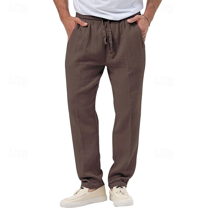 Men's Trousers Beach Shorts Casual Pants Seersucker Pants Drawstring Elastic Waist Straight Leg Plain Comfort Breathable Daily Holiday Vacation Fashion Casual Black White