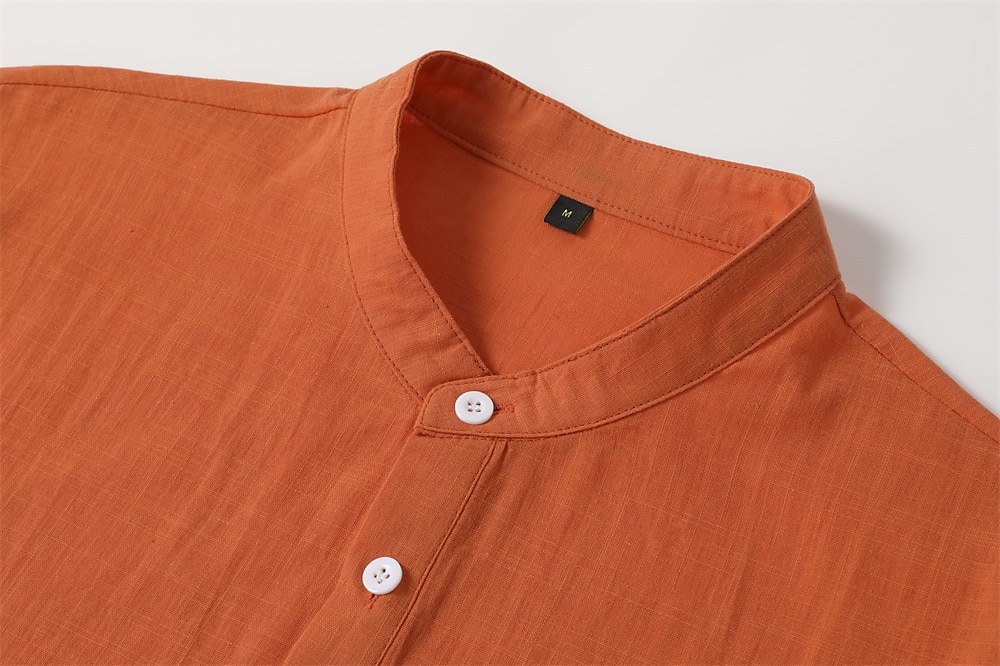 Men's Popover Summer Beach Long Sleeve Solid Color Henley Hawaiian Holiday Clothing Apparel Button-Down Linen Shirt