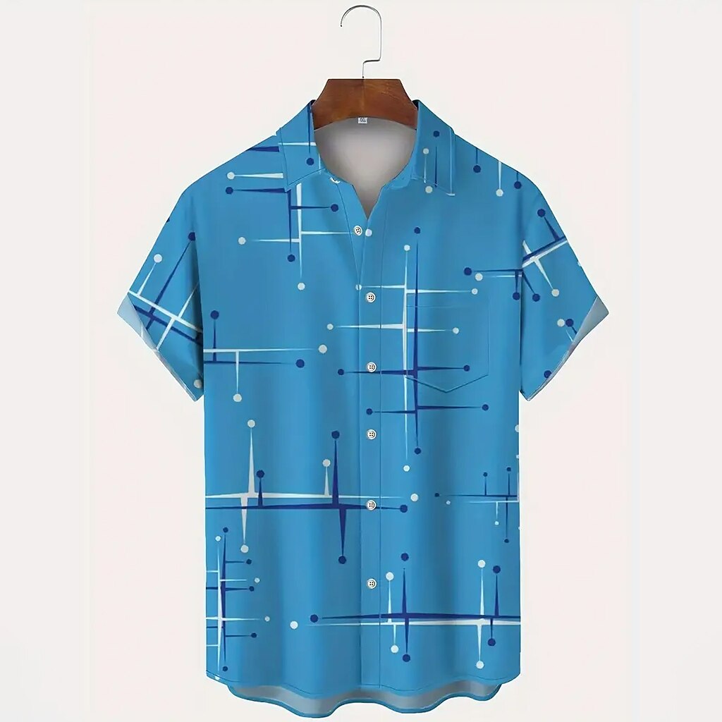 Men's Geometric Line Shirt Casual Shirt Button Up Shirt Short Sleeve Fashion Casual Vacation Holiday Streetwear Summer Spring Turndown 3D Print Collared Shirts Front One Pocket White Blue Brown Green