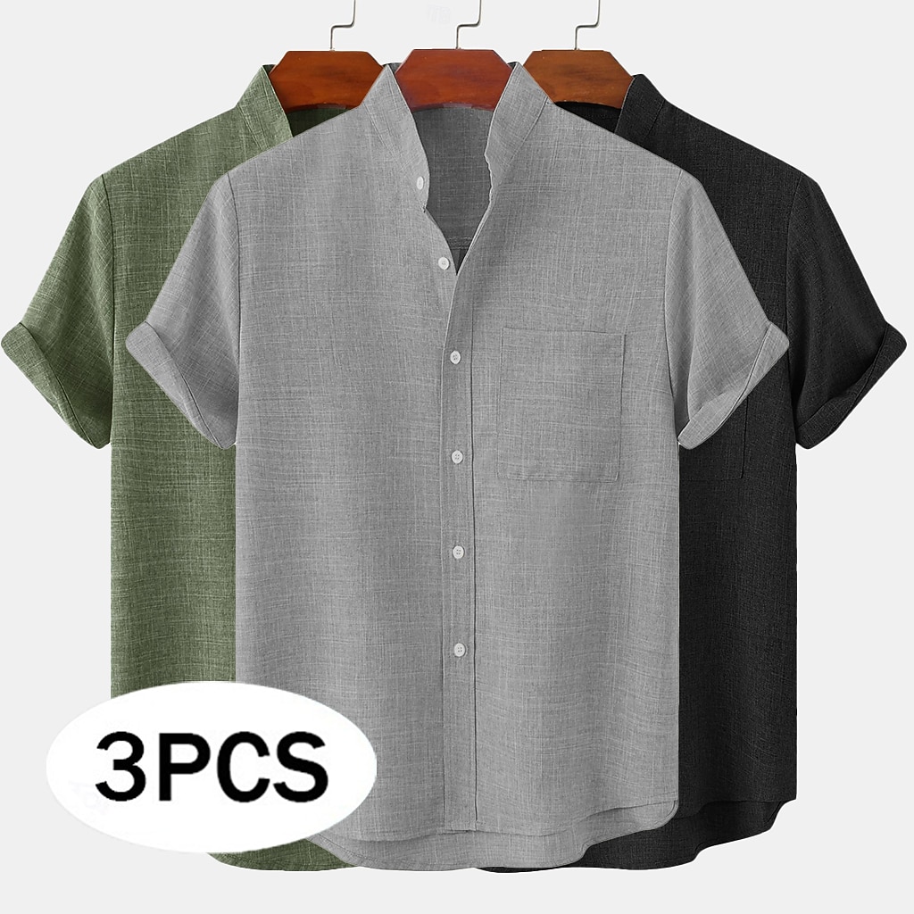 3-Pack Men's Linen Shirt Summer Shirt Casual Shirt Band Collar Shirt Plain Casual Beach Black+Gray+Green Black+White+Gray black+white+green black+khaki+green Short Sleeve Stand Collar Spring & Summer Summer