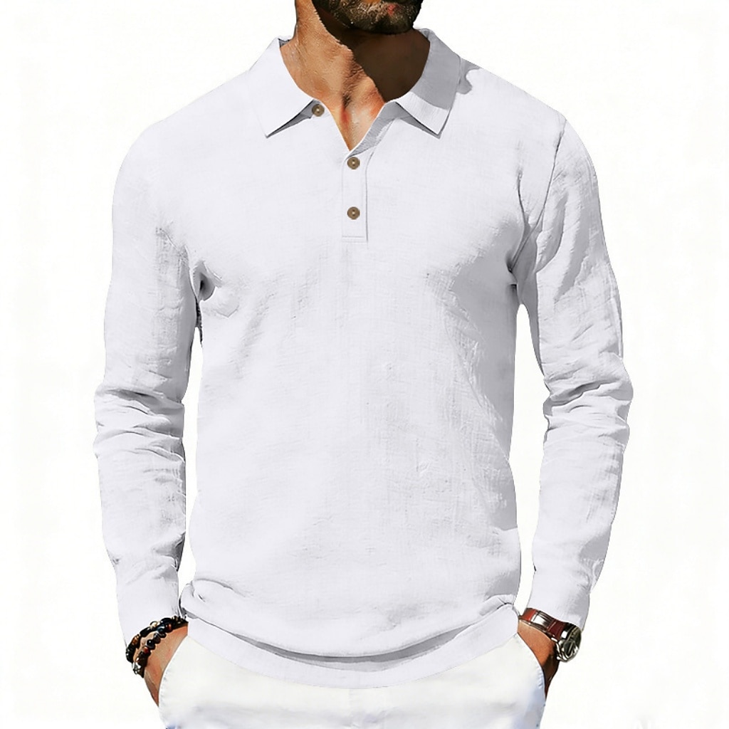 Men's Linen Shirt Polo Shirts Casual Street Lapel Long Sleeve Basic Modern Plain Buttons Spring Fall Regular Fit Black White Navy Blue Khaki Dark Grey Army Green Linen Shirt