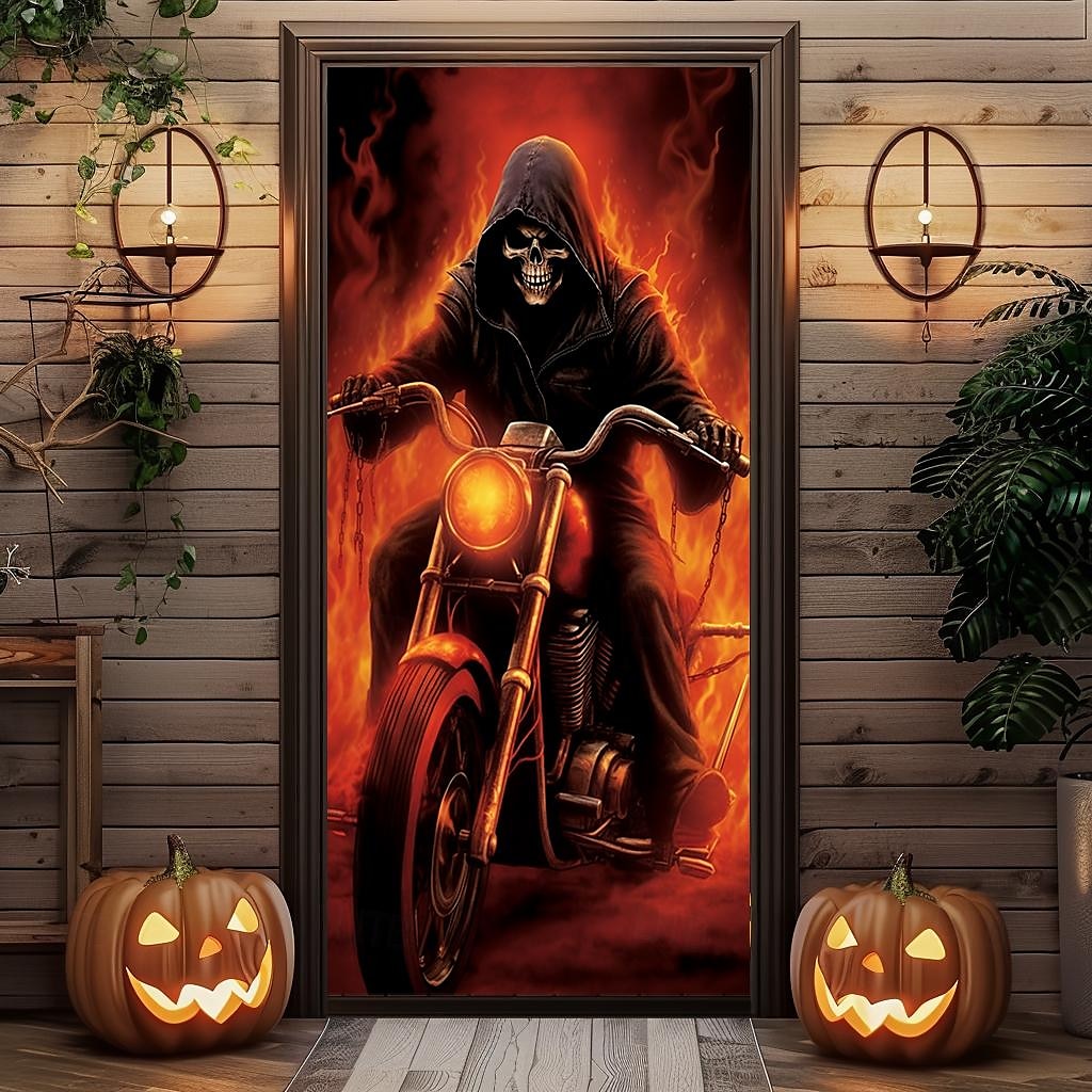 Halloween Window Cover Decorations, Fabric Skull Out of Fire Halloween Curtain Poster Window Door Covering Decor for Haunted House, Scary Halloween Window Clings Decals Indoor Outdoor