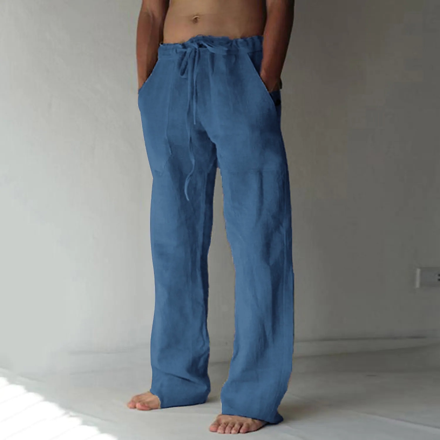 Men's Linen Pants Trousers Summer Pants Beach Pants Pocket Drawstring Elastic Waist Plain Daily Streetwear Linen / Cotton Blend Fashion Casual Black White