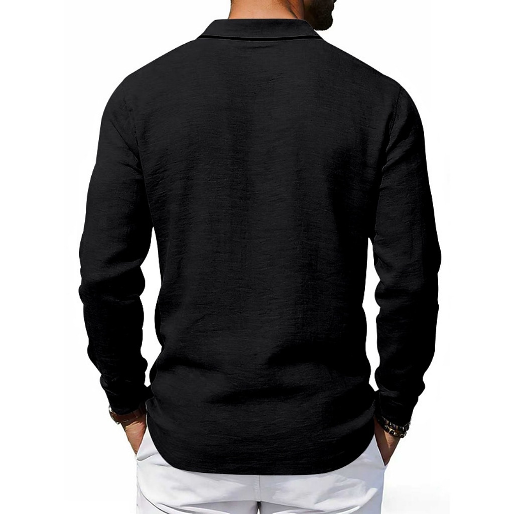Men's Linen Shirt Polo Shirts Casual Street Lapel Long Sleeve Basic Modern Plain Buttons Spring Fall Regular Fit Black White Navy Blue Khaki Dark Grey Army Green Linen Shirt