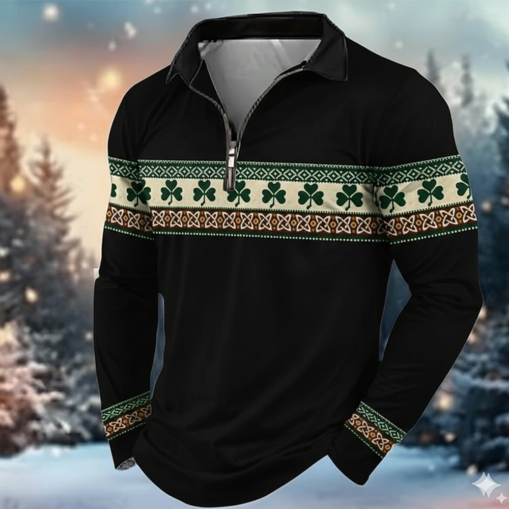 St Patrick's Day Men's Shamrock Polo Long Sleeve Turndown Modern Leisure Athleisure Casual Daily Festival Zipper 3D Print Spring Fall Black White Green