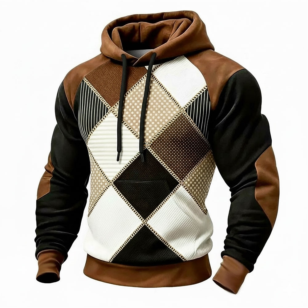 Men's Geometric Plaid Hoodie Sweatshirt Fashion Daily Crew Neck Home Streetwear Party Blue Brown Green Gray Drawstring Fall Winter Designer S M L XL XXL XXXL