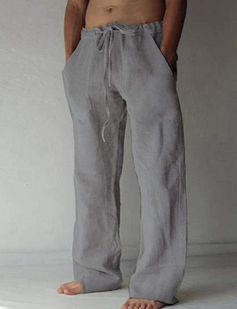 Men's Trousers Summer Pants Baggy Pants Beach Pants Casual Pants Drawstring Front Pocket Straight Leg Plain Comfort Soft Full Length Yoga Holiday Beach 100% Cotton Fashion Hawaiian Black White