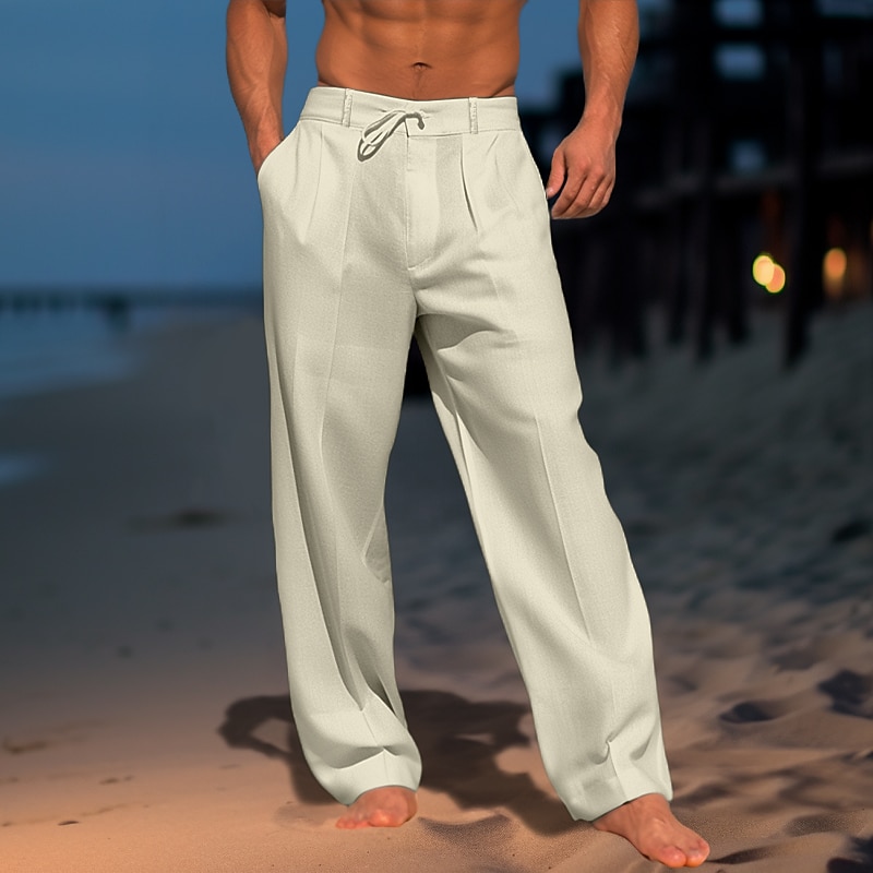 Men's Summer Beach Drawstring Elastic Waist Pleats Plain Comfort Breathable Casual Daily Holiday Blend Fashion Classic Style Linen Pants