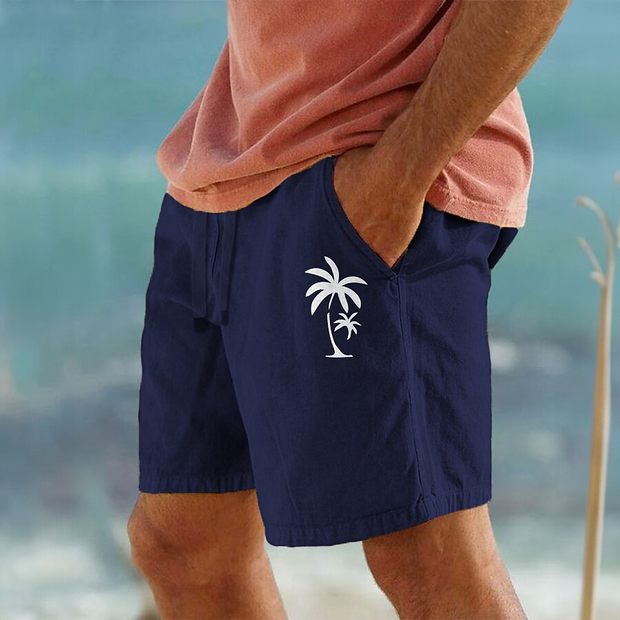 Men's Cotton Summer Beach Drawstring Elastic Waist 3D Print Graphic Coconut Tree Breathable Soft Short Casual Daily Holiday Streetwear Hawaiian Micro-elastic Shorts