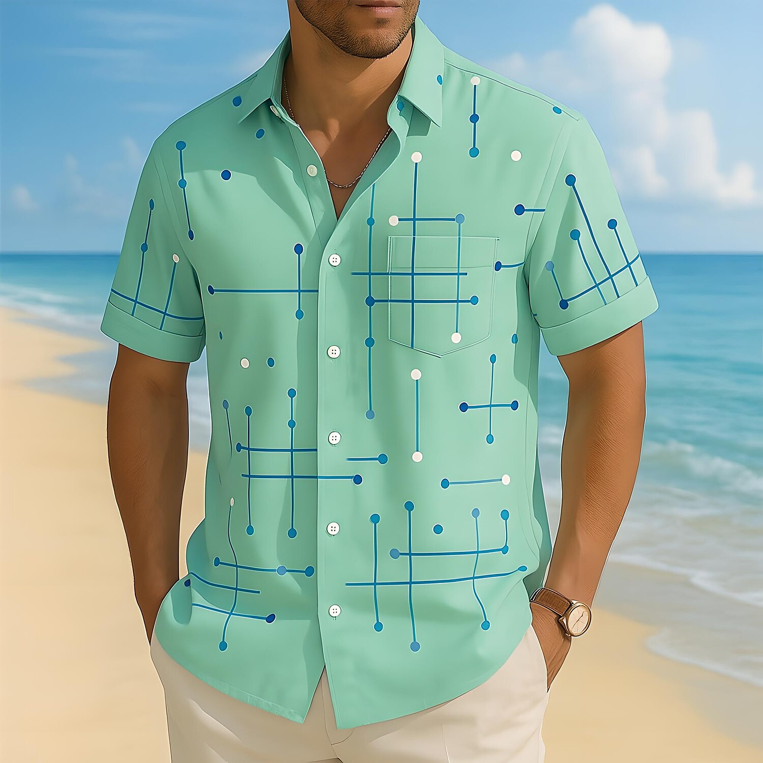 Men's Geometric Line Shirt Casual Shirt Button Up Shirt Short Sleeve Fashion Casual Vacation Holiday Streetwear Summer Spring Turndown 3D Print Collared Shirts Front One Pocket White Blue Brown Green