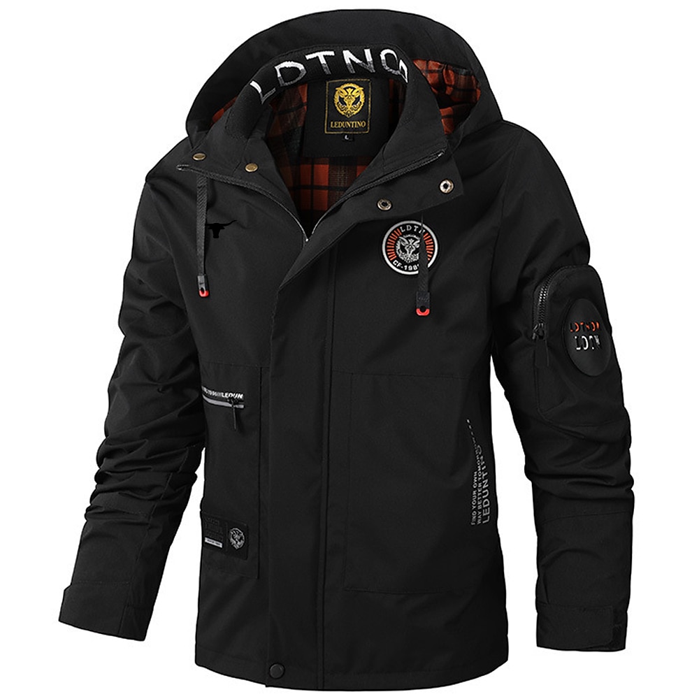 Men's Cow Print Windbreaker Hooded Jacket Parka Waterproof Windproof Multi-Pockets Casual Outdoor Camping & Hiking Detachable Hood Full Zip Coat Outerwear Fall Winter Stand Collar Long Sleeve Black