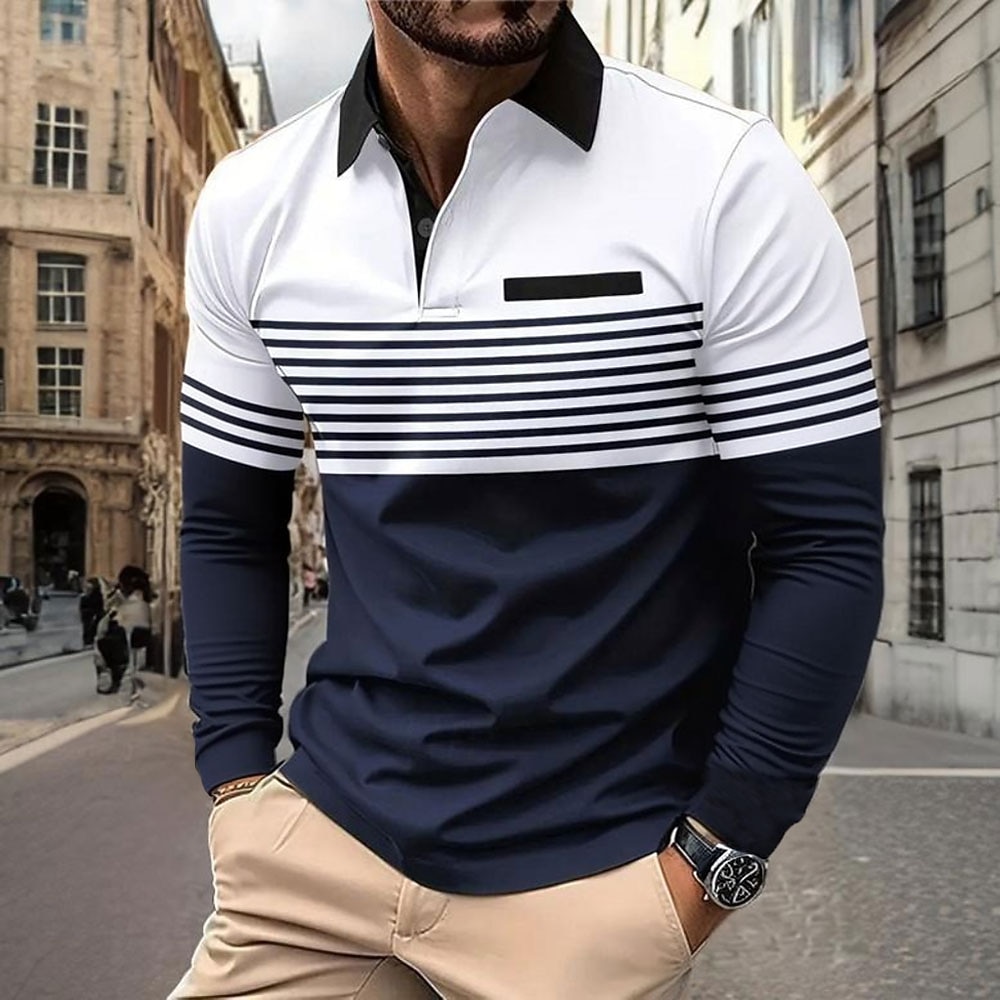 Men's Horizontal Stripes Polo Long Sleeve Polo Shirts Collared Shirts Business Casual Business Athleisure Daily Wear Pocket 3D Print Buttons Spring Fall Winter Dark Brown Black Navy Blue