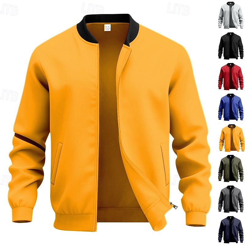 Men's Lightweight Jacket Casual Jacket Vacation Daily Breathable Pocket Spring Fall Plain Fashion Classic Stand Collar Regular Black Yellow Red Navy Blue Royal Blue Jacket