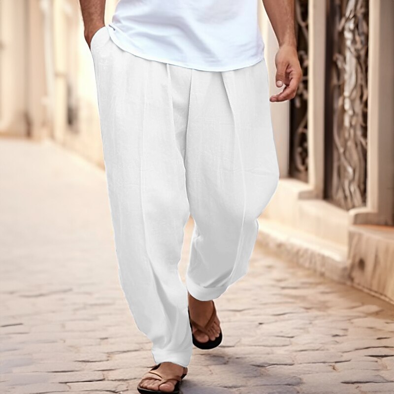 Men's Summer Tapered Carrot Beach Front Pocket Pleats Plain Comfort Breathable Casual Daily Holiday Linen / Cotton Blend Fashion Basic Linen Pants