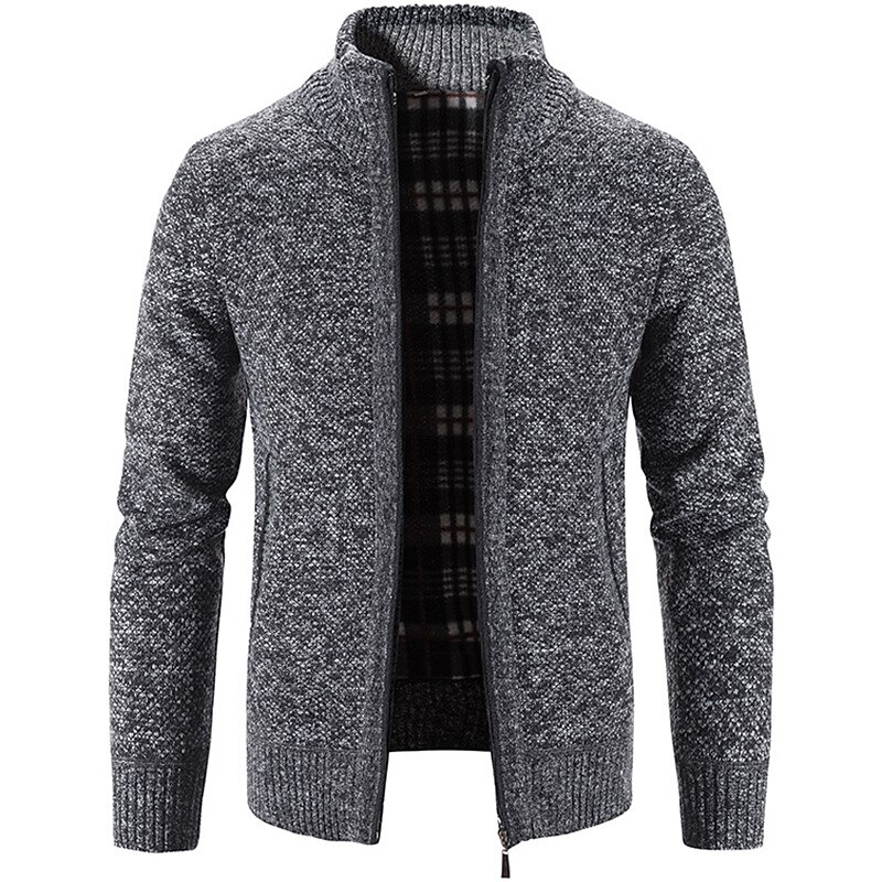 Men's Sweater Cardigan Sweater Zip Sweater Sweater Jacket Fleece Sweater Knit Solid Color Stand Collar Essential Casual Clothing Apparel Winter Black Burgundy S M L