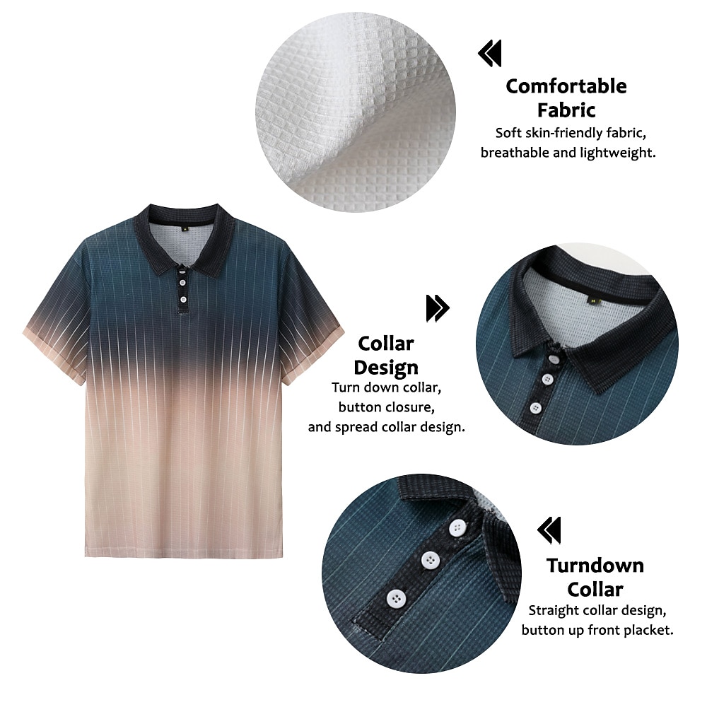 Men's Polo Shirt Waffle Polo Shirt Lapel Polo Button Up Polos Golf Shirt Gradient Striped Graphic Prints Turndown Yellow Navy Blue Blue Purple Green Outdoor Street Short Sleeve Print Clothing Apparel