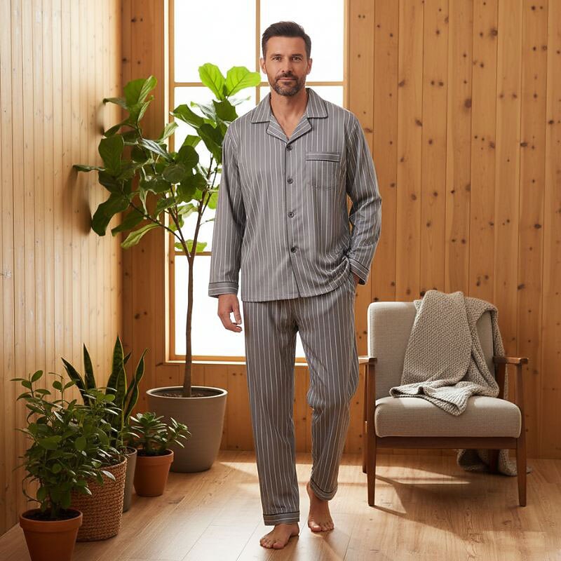 Men's Sleepwear Pajama Set Pajama Top and Pant 1 set Stripe Fashion Stylish Classic Home Daily Bed  Comfort Soft Breathable Lapel Long Sleeve Shirt Pant Elastic Waist Buttons Spring Fall
