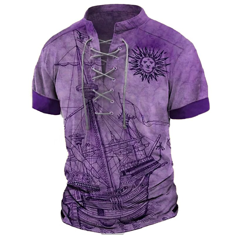 Mens Summer Cotton | Sailboat And Sun Graphic World Map Stand Collar Clothing Apparel 3D Print Daily Sports Short Sleeve Fashion Designer T-Shirt