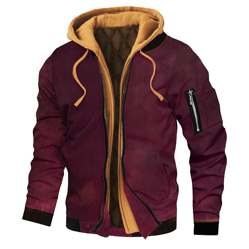 Men's Bomber Jacket Hoodie Jacket Outdoor Daily Wear Warm Fall Winter Plaid Plain Fashion Streetwear Hooded Regular Black Gold Black Wine Dark Red Red Jacket