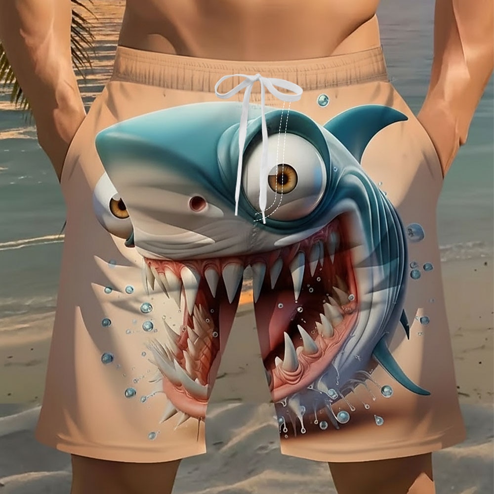 Men's Animal Cartoon Shark Swim Trunks Swim Shorts Board Shorts Mid Waist Funny Beach Vacation Wear Side Pockets Mesh Lining Elastic Drawstring Waist Designer Clothing Apparel