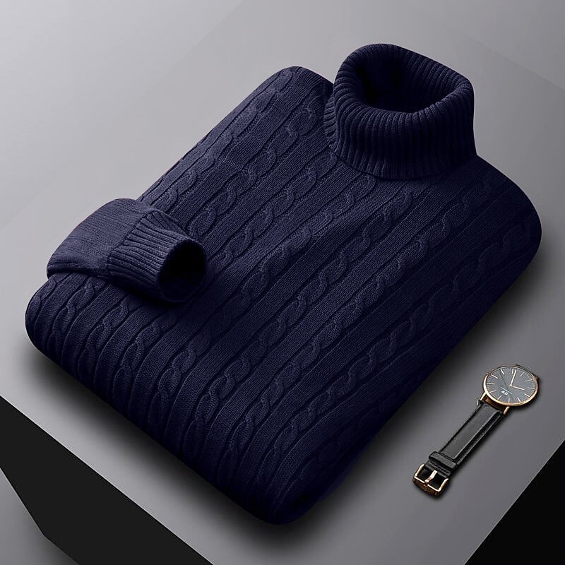 Men's Sweater Pullover Ribbed Cable Knit Cropped Knitted Solid Color Turtleneck Keep Warm Modern Contemporary Work Daily Wear Clothing Apparel Fall & Winter Camel Wine M L XL