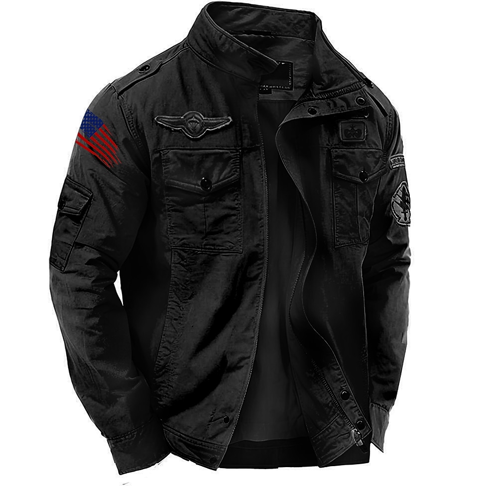Men's Cotton Embroidered Military Jacket Windbreaker with Shoulder Straps Long Sleeve Standing Collar Multi-Pockets Trucker Jacket American US Flag Print Tactical Outerwear