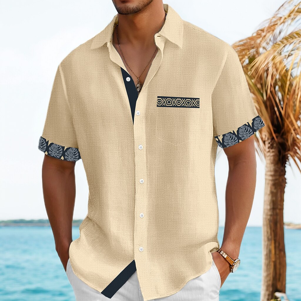 Men's Shirt Linen Shirt Summer Shirt Beach Shirt Plaid Vacation Holiday Black Navy Blue Green Khaki Short Sleeve Collar Summer Clothing Apparel