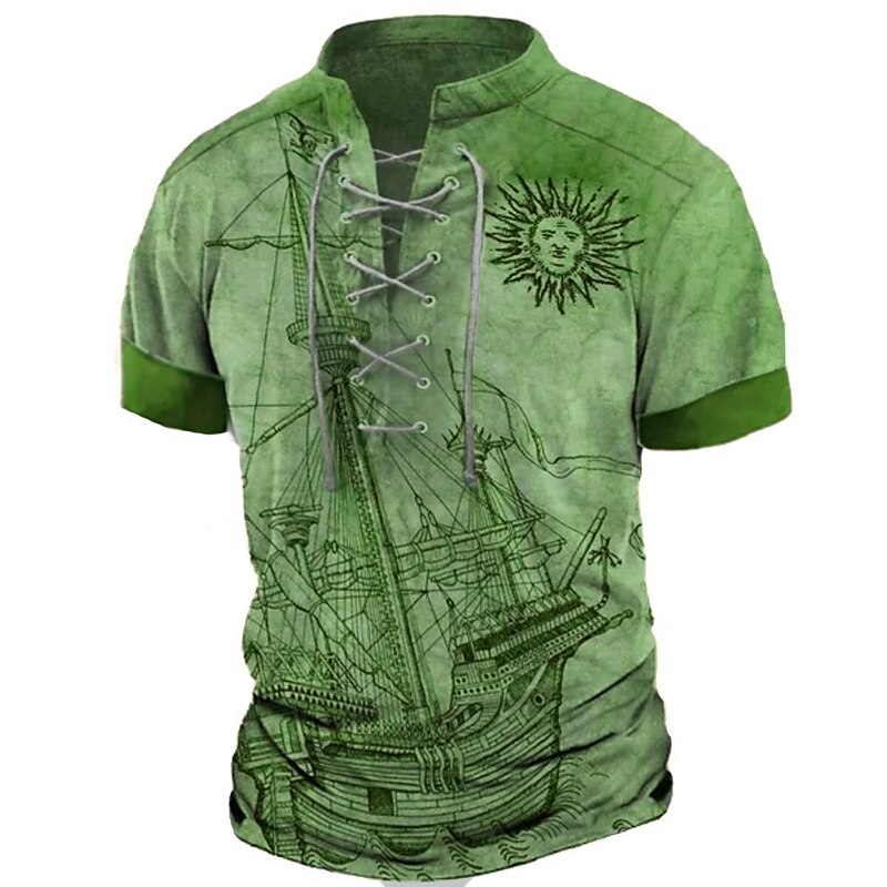 Mens Summer Cotton | Sailboat And Sun Graphic World Map Stand Collar Clothing Apparel 3D Print Daily Sports Short Sleeve Fashion Designer T-Shirt