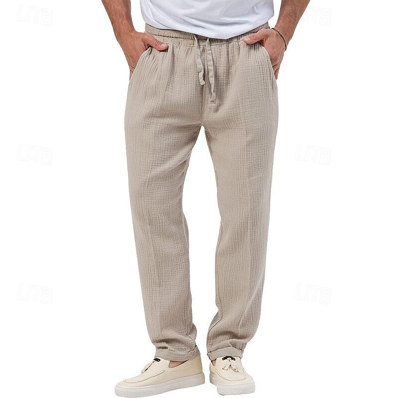 Men's Trousers Beach Shorts Casual Pants Seersucker Pants Drawstring Elastic Waist Straight Leg Plain Comfort Breathable Daily Holiday Vacation Fashion Casual Black White