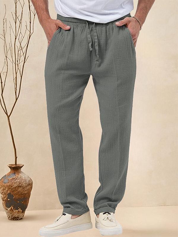 Men's Trousers Beach Shorts Casual Pants Seersucker Pants Drawstring Elastic Waist Straight Leg Plain Comfort Breathable Daily Holiday Vacation Fashion Casual Black White