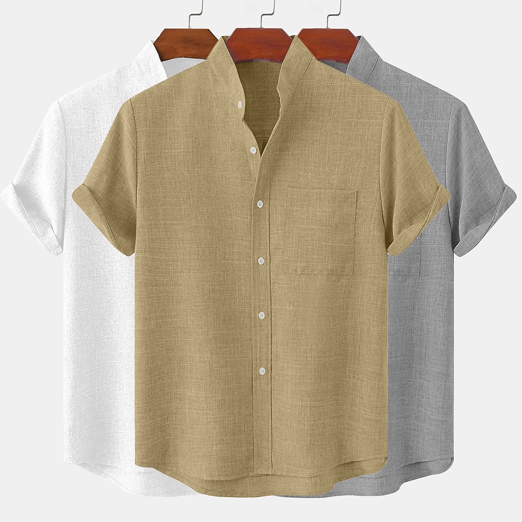 3-Pack Men's Linen Shirt Summer Shirt Casual Shirt Band Collar Shirt Plain Casual Beach Black+Gray+Green Black+White+Gray black+white+green black+khaki+green Short Sleeve Stand Collar Spring & Summer Summer