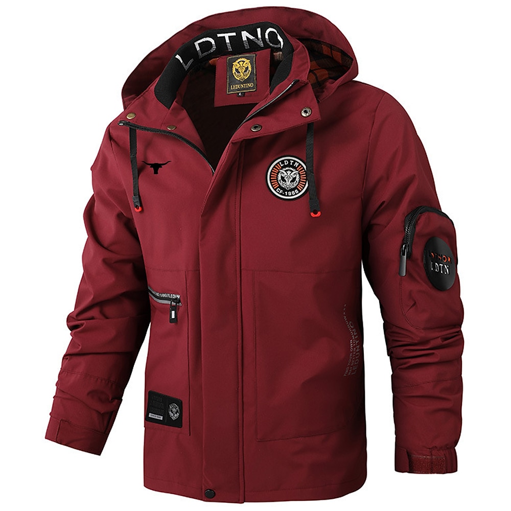 Men's Cow Print Windbreaker Hooded Jacket Parka Waterproof Windproof Multi-Pockets Casual Outdoor Camping & Hiking Detachable Hood Full Zip Coat Outerwear Fall Winter Stand Collar Long Sleeve Black