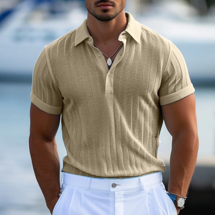 Men's Polo Golf Shirt Casual Holiday Ribbed Polo Collar Short Sleeve Fashion Basic Stripe Plain Button Quick Dry Summer Regular Fit Light Blue White Purple Khaki Polo