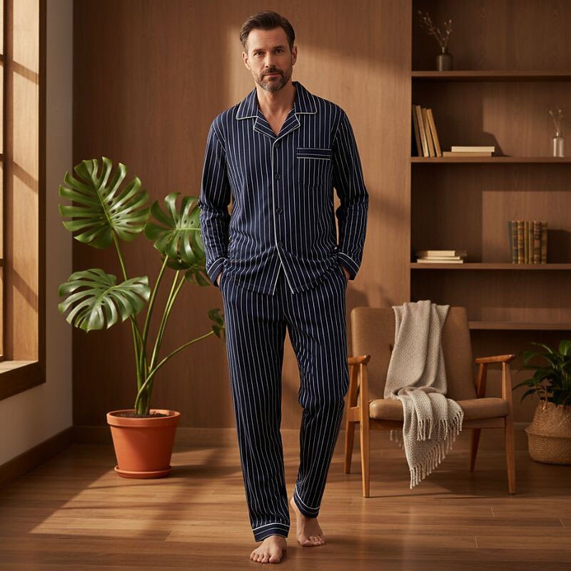 Men's Sleepwear Pajama Set Pajama Top and Pant 1 set Stripe Fashion Stylish Classic Home Daily Bed  Comfort Soft Breathable Lapel Long Sleeve Shirt Pant Elastic Waist Buttons Spring Fall