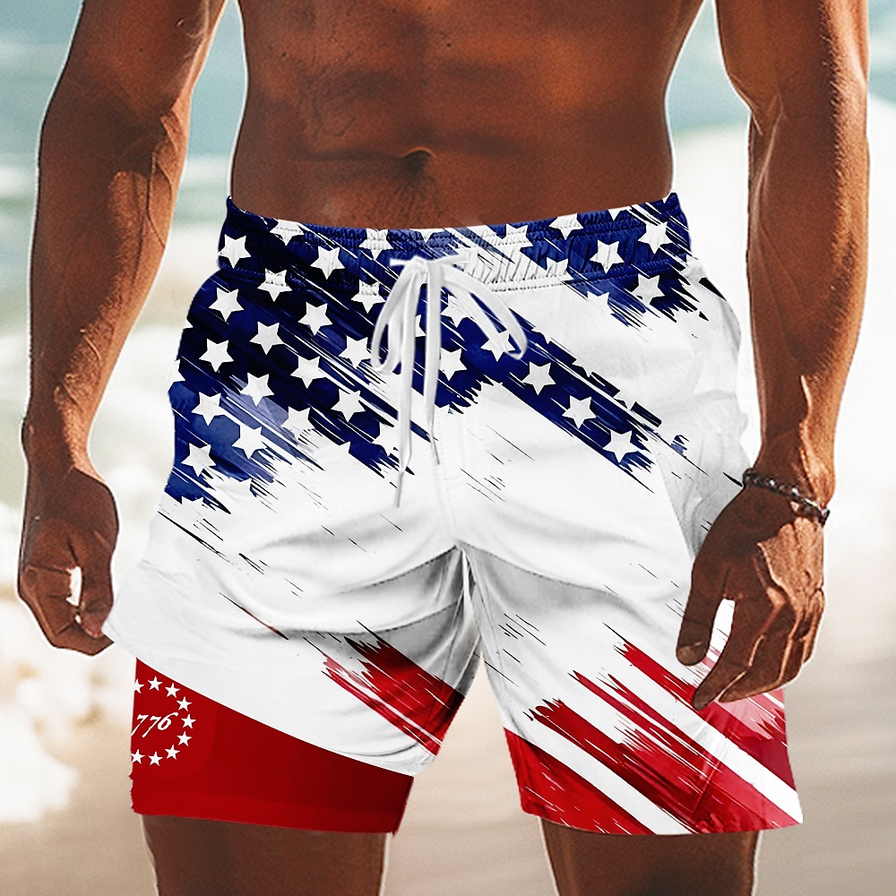 Independence Day Men's US Flag Patriotic Fourth of July Lined Shorts 2 in 1 Board Shorts Swim Shorts Mid Waist Holiday Side Pockets With Compression Liner Elastic Drawstring Waist Designer Clothing