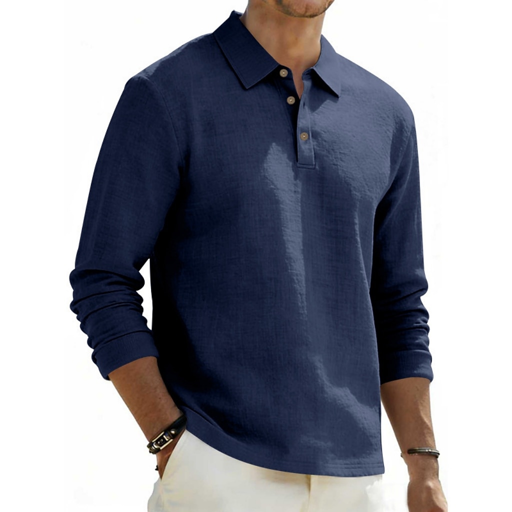 Men's Linen Shirt Polo Shirts Casual Street Lapel Long Sleeve Basic Modern Plain Buttons Spring Fall Regular Fit Black White Navy Blue Khaki Dark Grey Army Green Linen Shirt