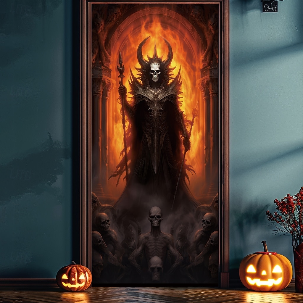 Halloween Window Cover Decorations, Fabric Skull Out of Fire Halloween Curtain Poster Window Door Covering Decor for Haunted House, Scary Halloween Window Clings Decals Indoor Outdoor