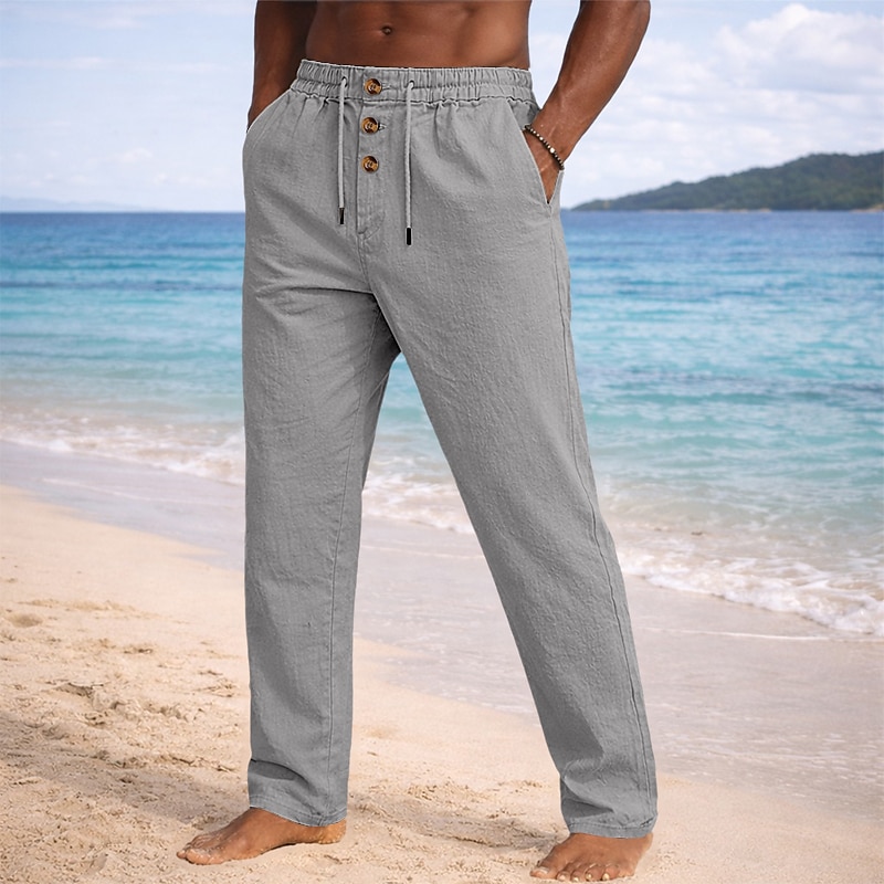 Men's Linen Pants Trousers Summer Pants Beach Pants Drawstring Elastic Waist Straight Leg Plain Lightweight Breathable Full Length Casual Daily Beach Vacation Fashion Blue Black Micro-elastic