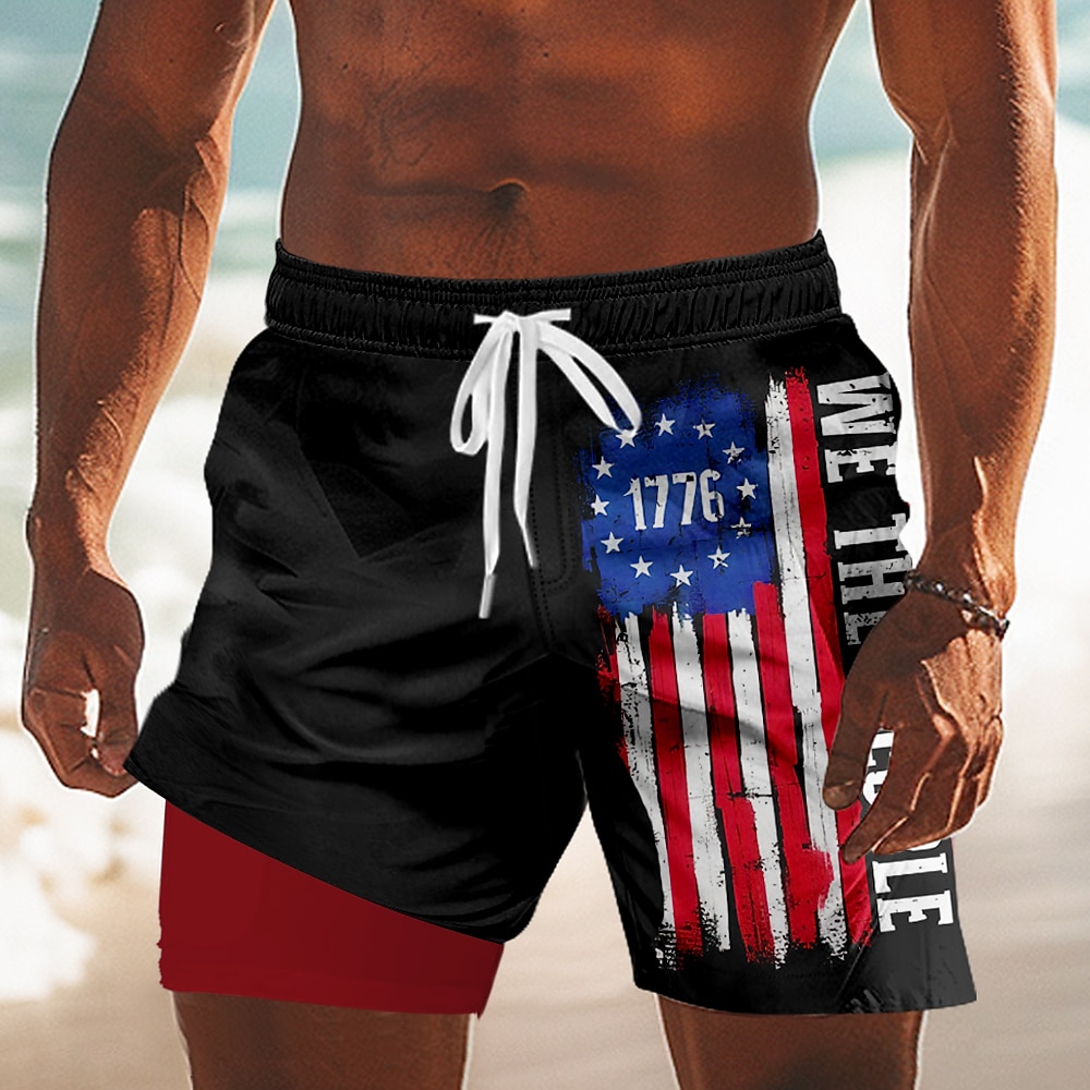Independence Day Men's US Flag Patriotic Fourth of July Lined Shorts 2 in 1 Board Shorts Swim Shorts Mid Waist Holiday Side Pockets With Compression Liner Elastic Drawstring Waist Designer Clothing