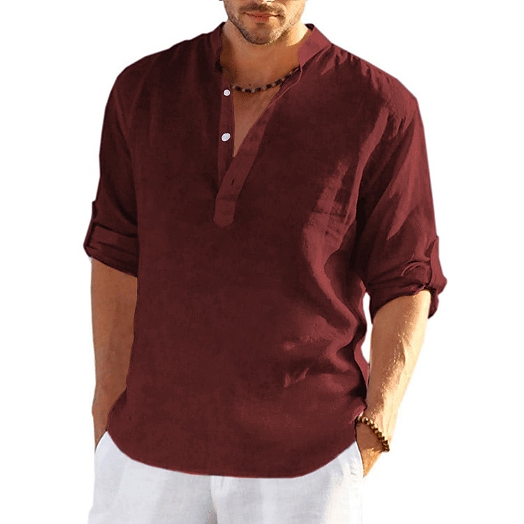 Men's Popover Summer Beach Long Sleeve Solid Color Henley Hawaiian Holiday Clothing Apparel Button-Down Linen Shirt